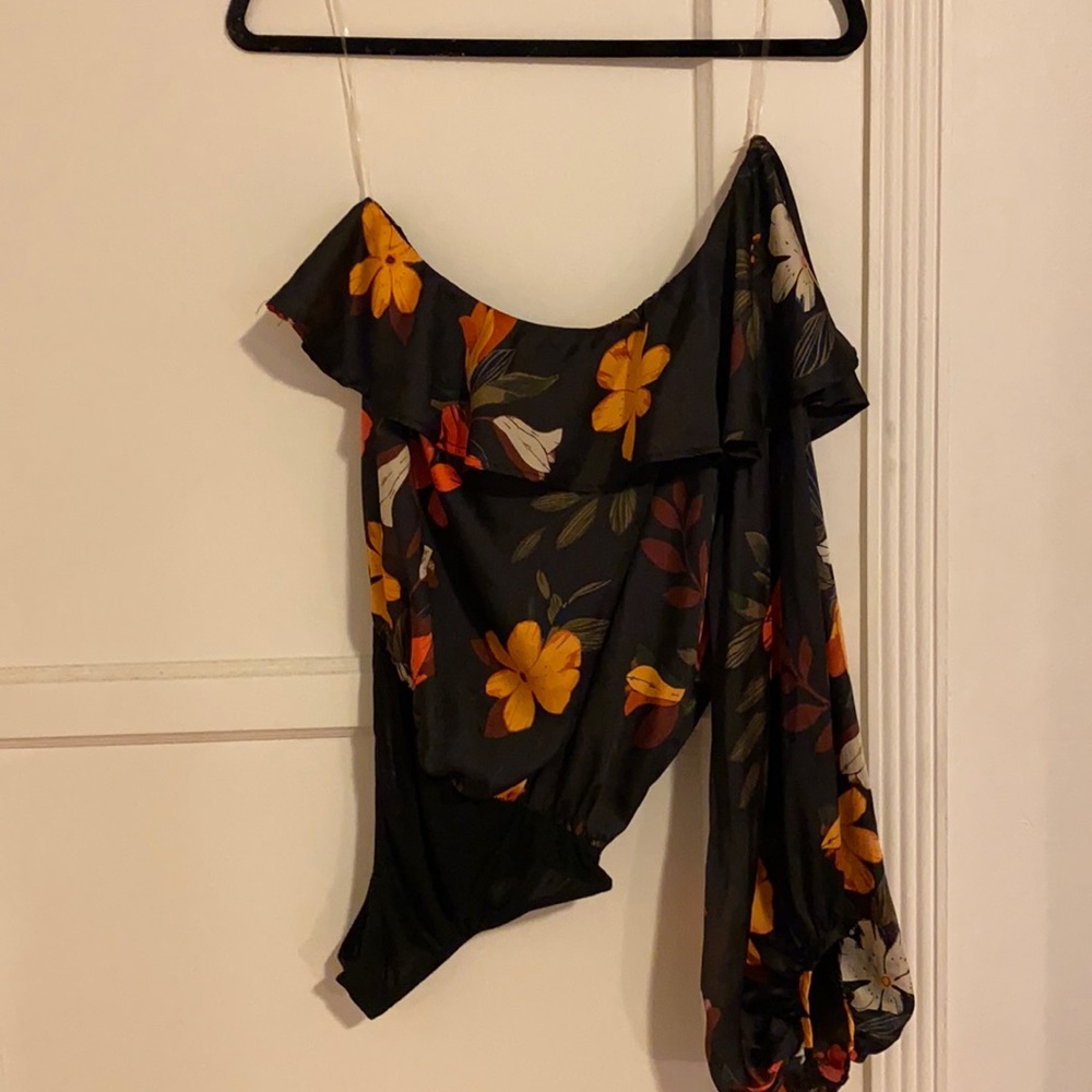 Off the shoulder satin floral bodysuit